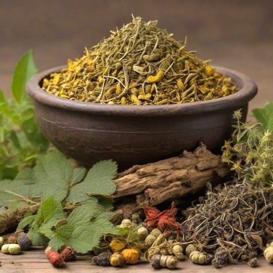 Indian natural herbal medicine close up on wooden background